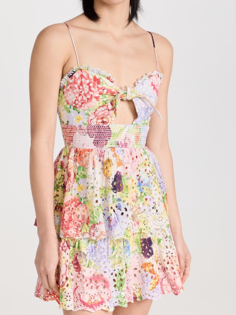 Alice + Olivia Multicolor Floral Eyelet Mini Dress - Pink, Green, Purple, Yellow